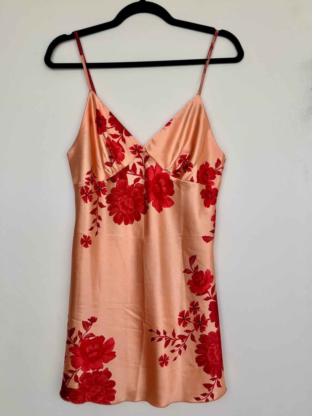 SHEIN Peach Satin Slip Dress with Red Floral Print NWOT
